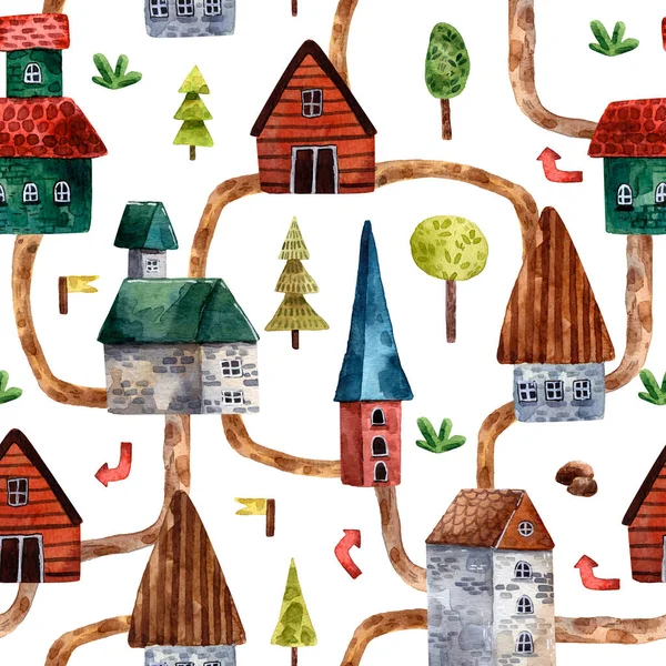 Watercolor Landscape Buildings Trees Hand Drawn Illustration Set Village Cartoon — Stock Photo, Image