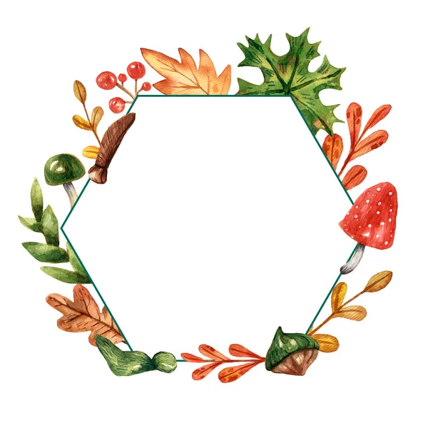 Watercolor Hand Drawn Forest Wreath Cute Autumn Decorations Circle Frame — Stock Photo, Image