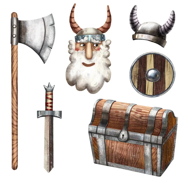 Conjunto Vikingo Lindo Estilo Dibujos Animados Arte Arma Vikinga Decoración —  Fotos de Stock