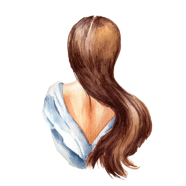 Acuarela Ilustración Una Hermosa Mujer Con Pelo Largo Vista Posterior — Foto de Stock