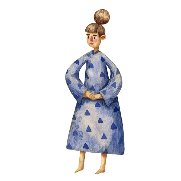 Ilustração Aquarela Uma Menina Elegante Bonito Vestido Azul Caráter Feminino Imagens De Bancos De Imagens