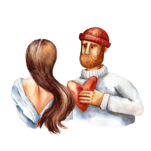 Aquarelle Illustration Une Belle Femme Avec Homme Rousse Tenant Cœur Image En Vente