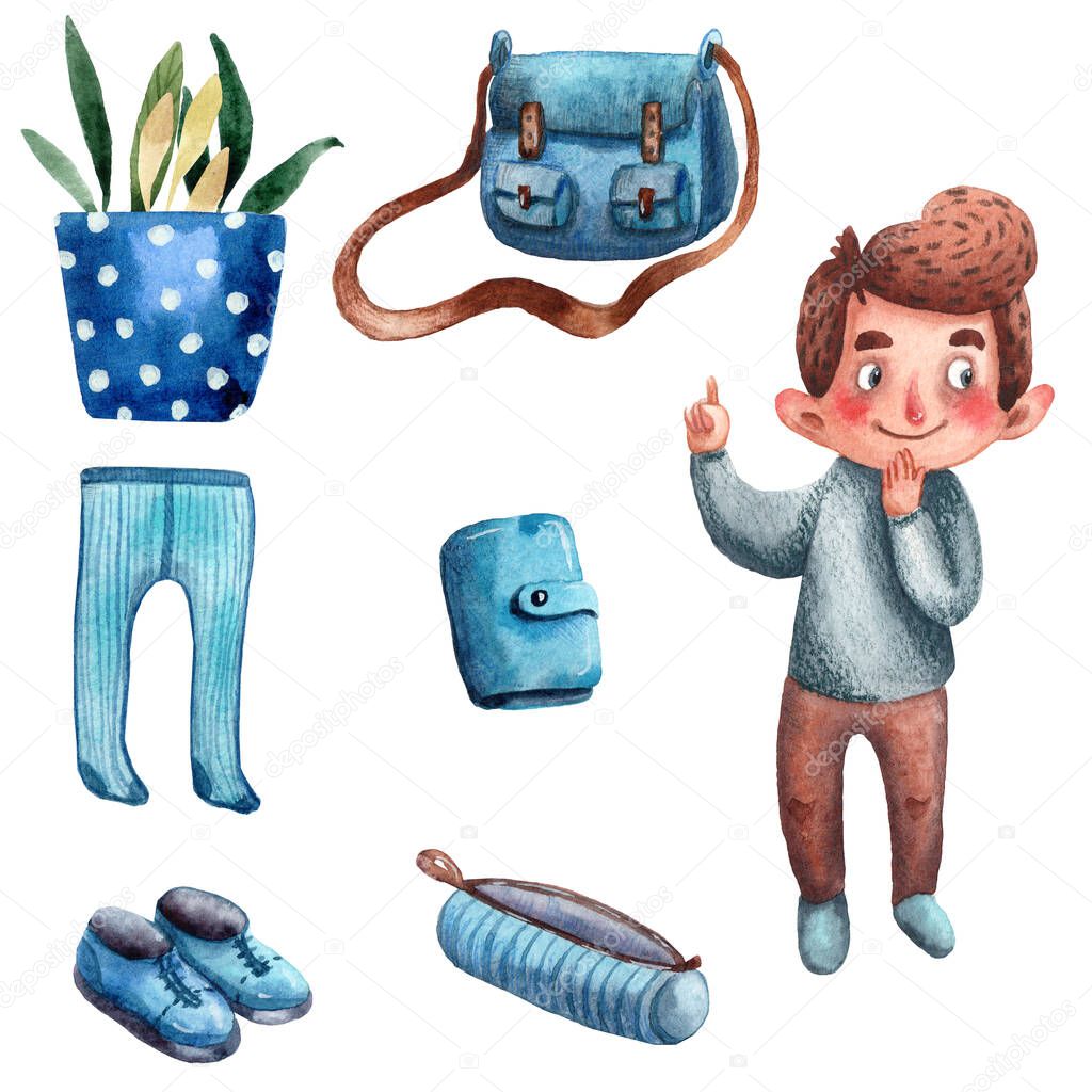 watercolor hand-drawn illustration, a set of colorful boys clothes isolated on white background,  isolated decorative illustration for games and cards.