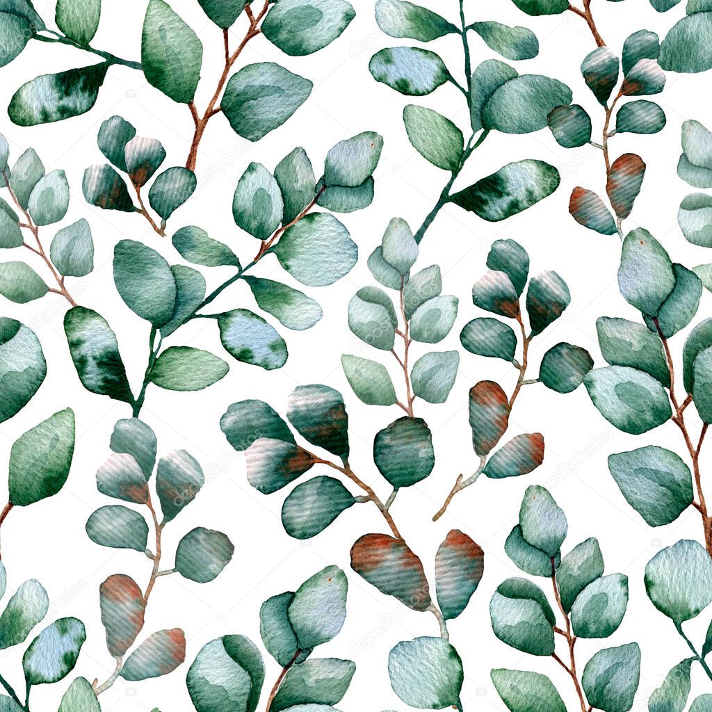 Watercolor botanical illustrations background with a seamless pattern of green leaves. The cartoon style of illustration. Botany card. Hand-drawn art. Green tree elements.