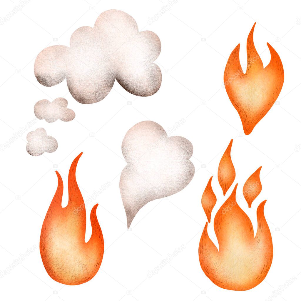 Cartoon digital illustration of fire and smoke. Cute bright orange flaming and white clouds. Hand-drawn illustration concept of dragon flame. Fireball set. Energy symbols. Nature elements set.