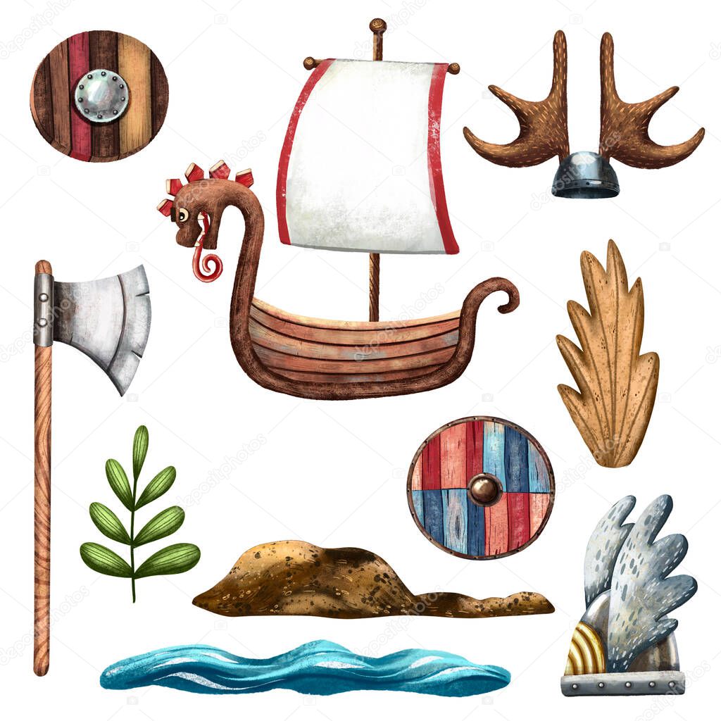 Viking set. The cute cartoon style of art. Viking weapon. Viking party decoration. Ancient Scandinavian traditional items. Illustrations for card and print.