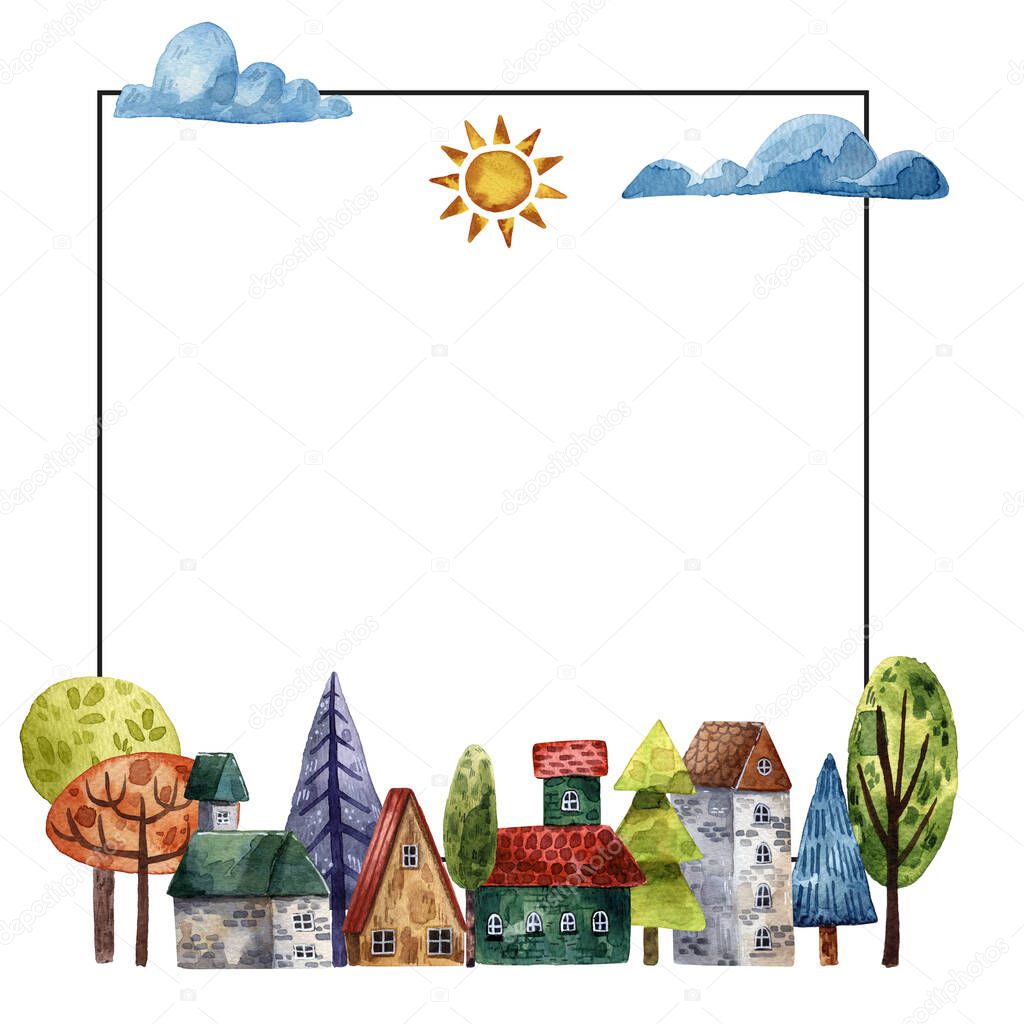 watercolor frame with buildings and trees. hand-drawn illustration set of the village cartoon icons, frame decorative illustration for cards.