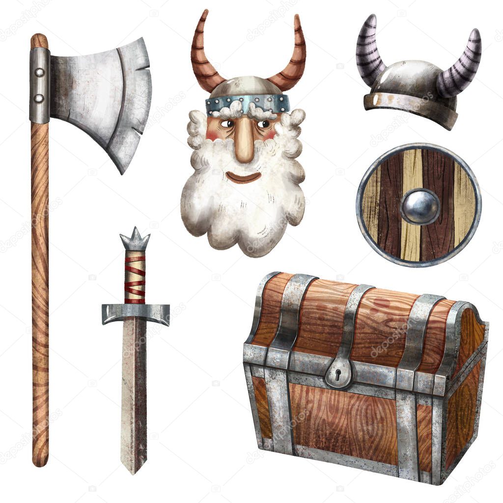 Viking set. The cute cartoon style of art. Viking weapon. Viking party decoration. Ancient Scandinavian traditional items. Illustrations for card and print.