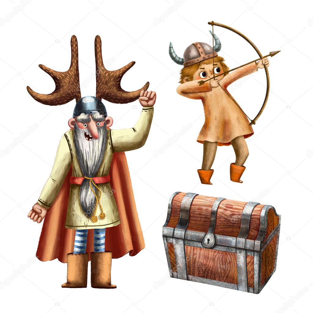 Viking set. The cute cartoon style of art. Viking weapon. Viking party decoration. Ancient Scandinavian traditional items. Illustrations for card and print.