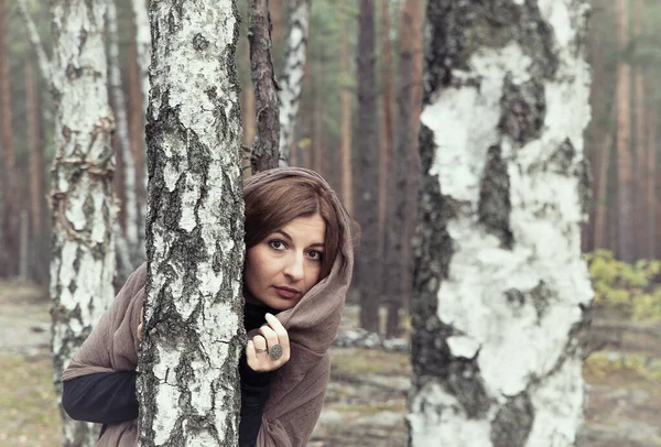 Дівчина в довгій сукні з коричневим шарфом на голові в темному осінньому березовому лісі . — стокове фото