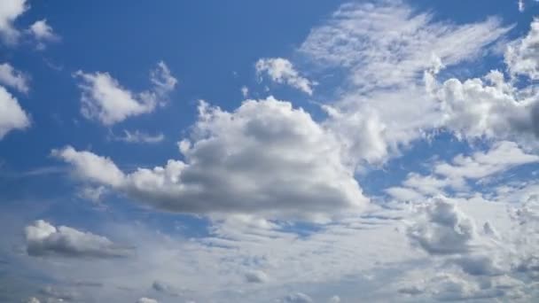 4Kタイムラプス映像昼は白い雲の動きで明るく青い空 逆方向に浮かぶ2段雲 — ストック動画