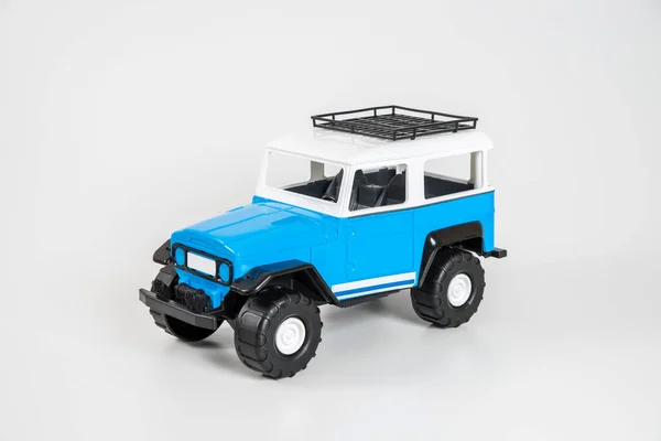 Plastic Kinderwagen Geïsoleerd Witte Achtergrond Blauwe Witte Suv — Stockfoto