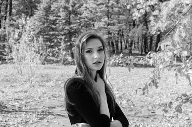 Sonbahar parkında bir kızın portresi sarı bir arka planda. Arka plan bulanık. Seçici odak.