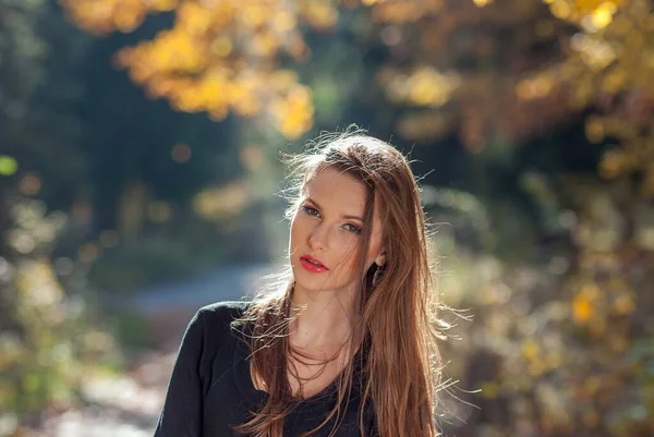 Porträt Eines Mädchens Einem Herbstlichen Park Vor Gelbem Laub Unscharfer — Stockfoto