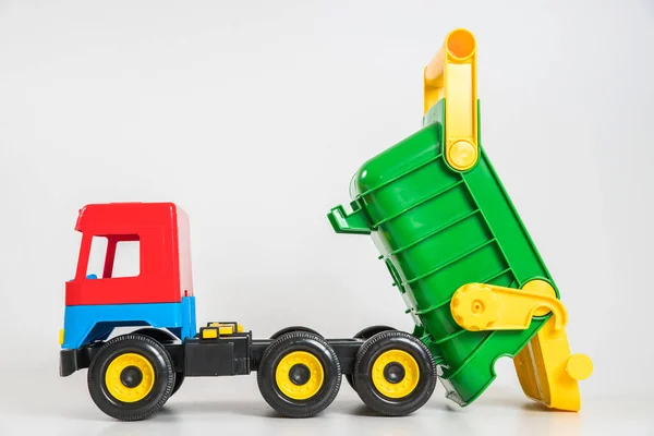 Bunte Kinder Spielzeugautos Aus Plastik Auf Weißem Hintergrund Lkw — Stockfoto