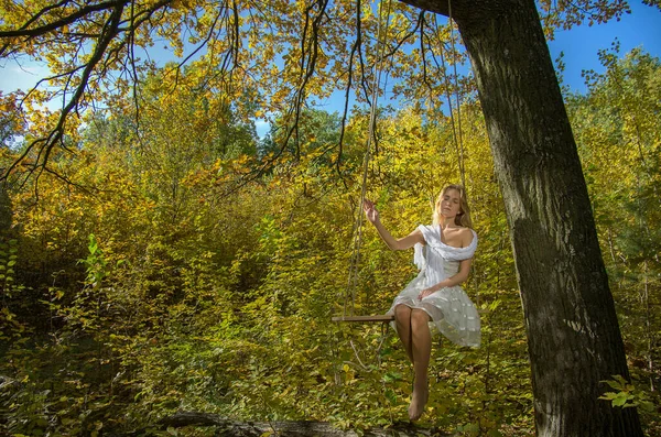 Menina Está Balançando Balanço Floresta Outono Contra Fundo Folhagem Amarelo — Fotografia de Stock