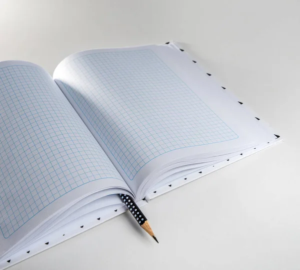 Expanded Checkered Notebook Open Sheets Pencil Selective Focus Blurred Background — Stock Photo, Image