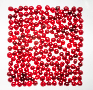 Beyaz ahşap arka planda yeşil yapraklı taze kiraz. Üst görünüm, alanı kopyala