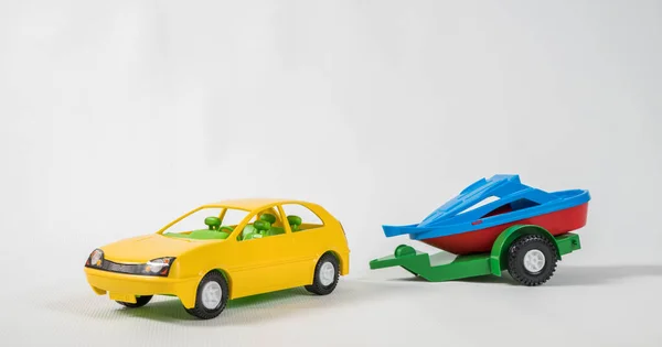 Plastic Toy Multicolored Cars Isolated White Background Car Motor Boat — Stock Photo, Image