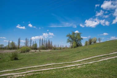Boş toprak bir yol ile mavi gökyüzünün altında bulutlu bir arazi..