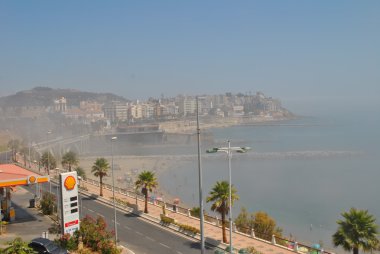Yol, palmiye ağaçları ve Binalar bir İspanyol ciy denizde sis