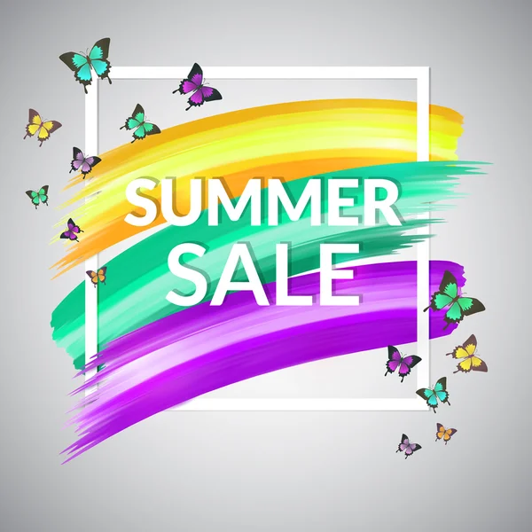 Venda Design de banner de verão com moldura e borboletas — Vetor de Stock