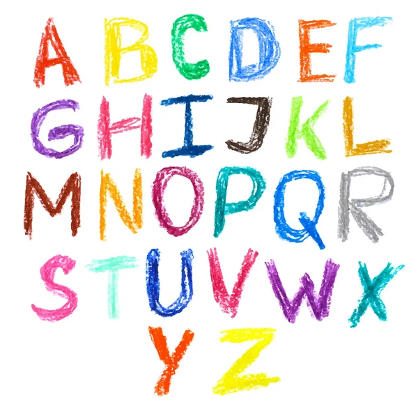 Crayon kinderen getekende kleurrijke lettertype geïsoleerd — Stockvector