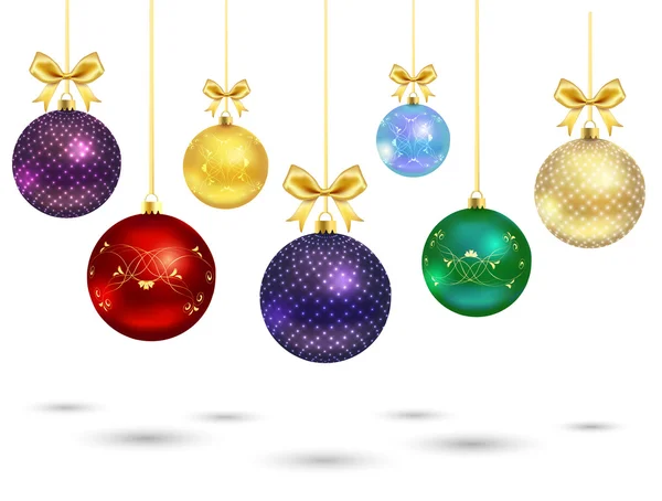 Julgranskulor med ornament och bågar — Stock vektor