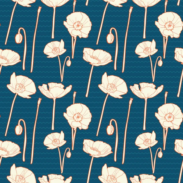 Seamless vintage blue floral pattern with poppy — Stock Vector