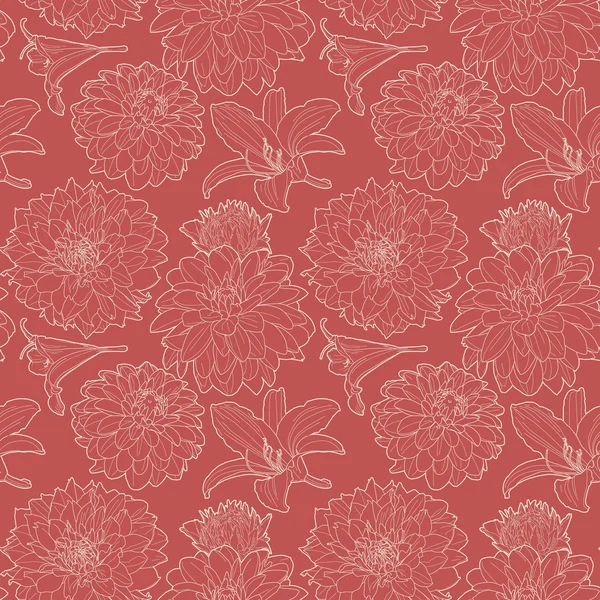 Patrón floral vintage rojo sin costuras con lirio y aster — Archivo Imágenes Vectoriales