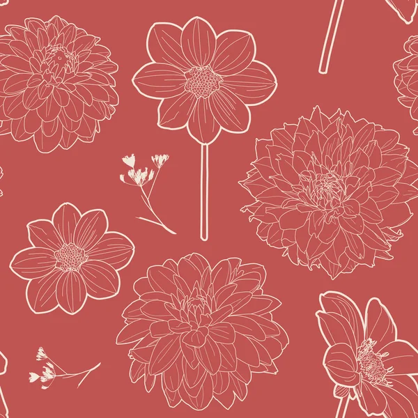 एस्टर आणि डेझीसह अखंड लाल द्राक्षांचा फुलांचा नमुना — स्टॉक व्हेक्टर