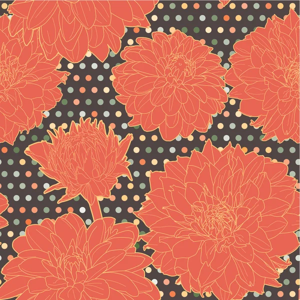 Kleurrijke warme oranje naadloze floral aster patroon met stippen — Stockvector