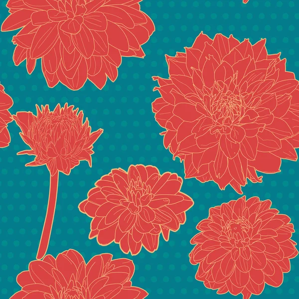 Colorido patrón floral sin costuras de aster rojo con puntos azules — Vector de stock