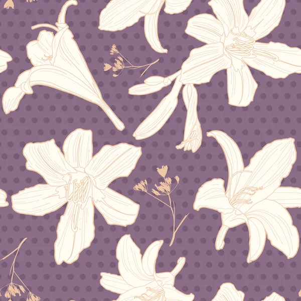 Romántico patrón floral de lirio sin costura violeta lavanda con puntos — Vector de stock