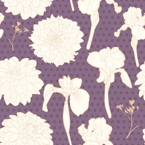 Romantico viola lavanda senza soluzione di continuità iridi-astri modello floreale con punti — Vettoriale Stock