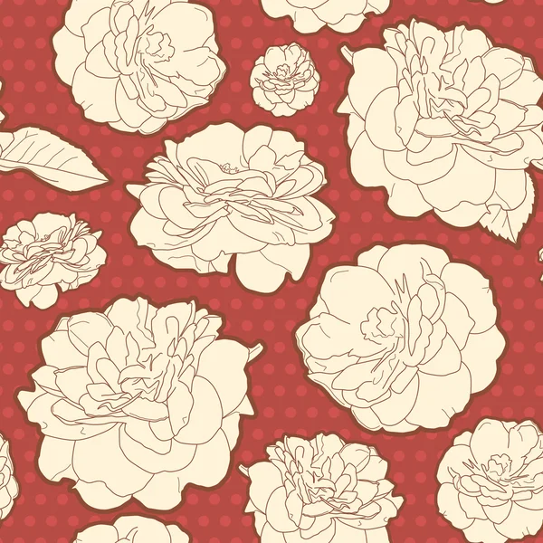 Erstaunliche warme rote nahtlose Rose Blumenmuster mit Punkten — Stockvektor
