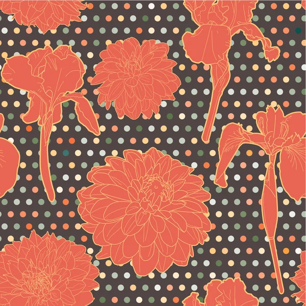 Kleurrijke warme oranje naadloze floral aster-iris patroon met stippen — Stockvector