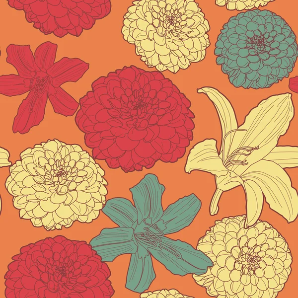 Chaud sans couture floral vintage japonais orange-rouge motif avec lis — Image vectorielle