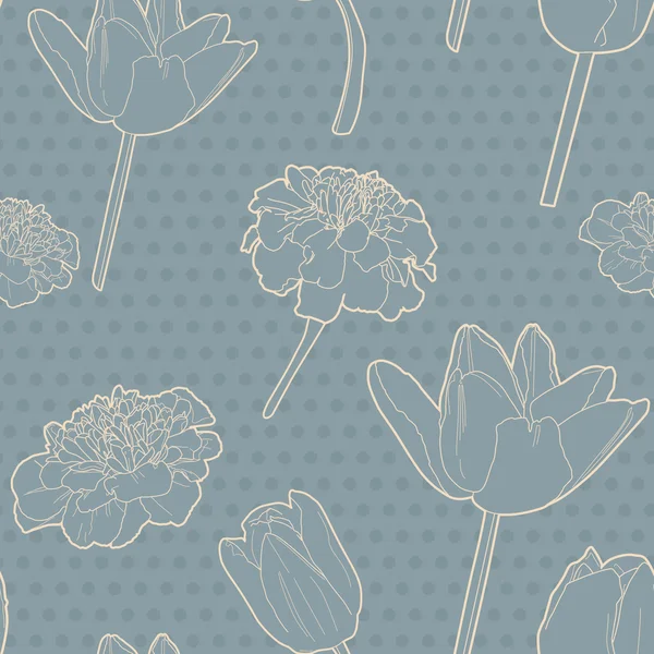 Patrón romántico sin costuras floral vintage japonés azul tulipán-caléndula — Vector de stock