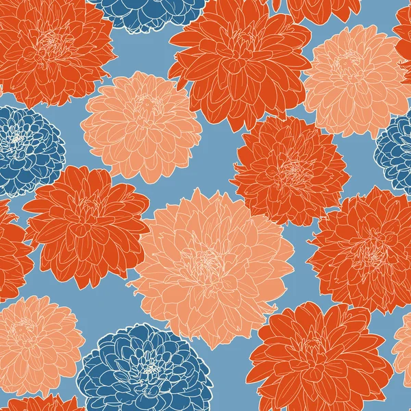 Seamless floral vintage japanese red-blue asters pattern — Stock Vector