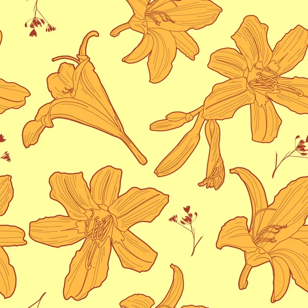 Inconsútil floral soleado vintage japonés amarillo lirio patrón — Vector de stock