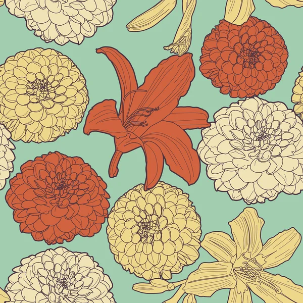 Increíble patrón floral vintage japonés primavera caléndula-lirio sin costuras Vectores De Stock Sin Royalties Gratis