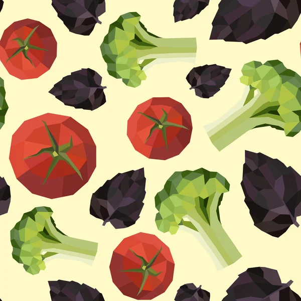 Seamless vintage polygon tomato broccoli basil pattern — Stock Vector