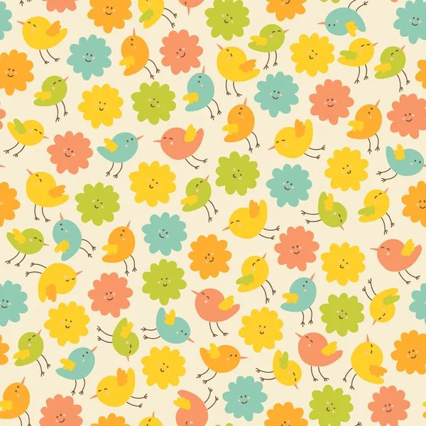 Amazing cute seamless vintage colorful bird floral pattern — Stock Vector