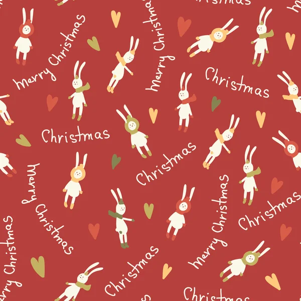 圣诞节令人惊异的无缝的可爱的兔子心红模式 — 图库矢量图片