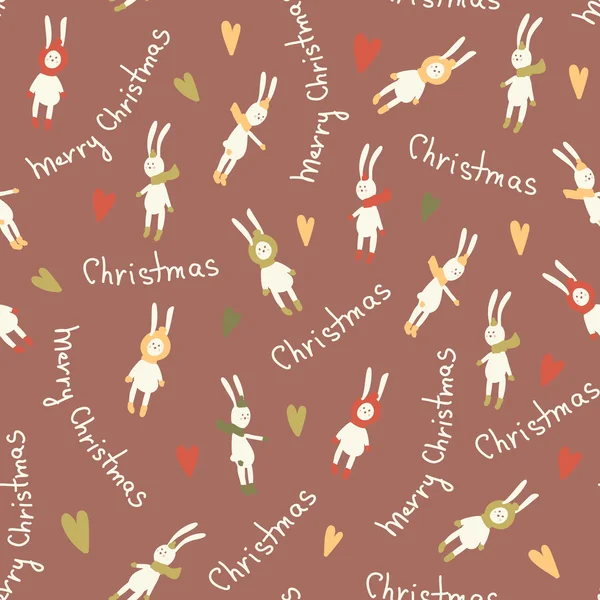 圣诞节令人惊异的无缝可爱的兔子棕色的心模式 — 图库矢量图片