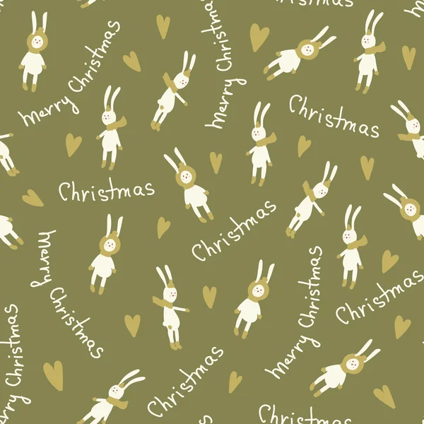 圣诞节令人惊异的无缝的可爱的兔子心绿色模式 — 图库矢量图片