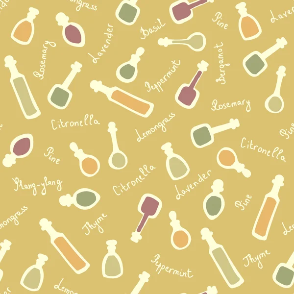 Essential oil vector seamless pattern. Thyme, rosemary, lavender, basil, citronella, pine, peppermint, bergamot. Soap making. Illustration Royalty Free Stock Vectors