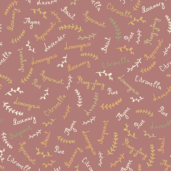 Essential oil vector seamless pattern. Thyme, rosemary, lavender, basil, citronella, pine, peppermint, bergamot. Soap making. Illustration Stock Vector