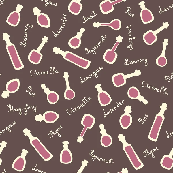 Essential oil vector seamless pattern. Thyme, rosemary, lavender, basil, citronella, pine, peppermint. Soap making. Illustration Royalty Free Stock Vectors